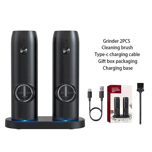 Electric Salt and Pepper Grinder Set with Charging Base and LED Light Adjustable Coarseness Automatic Spice Herb Mill