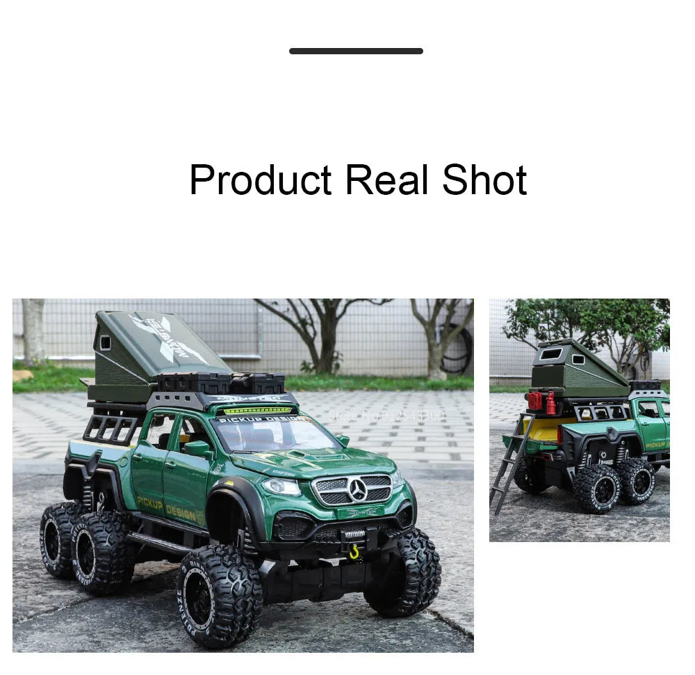 1:28 Scale X-Class 6x6 UNIMOG Motorhome Camping Car Model Toy Shock Absorption Sound Light Pull Back Off-road Vehicles Boys Gift