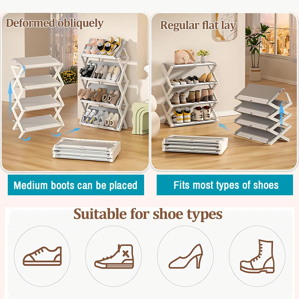 Foldable Shoe Rack Narrow Shoe Organizer Adjustable Shoe Shelf Space Saving Simple Installation-Free Standing Shoe Rack