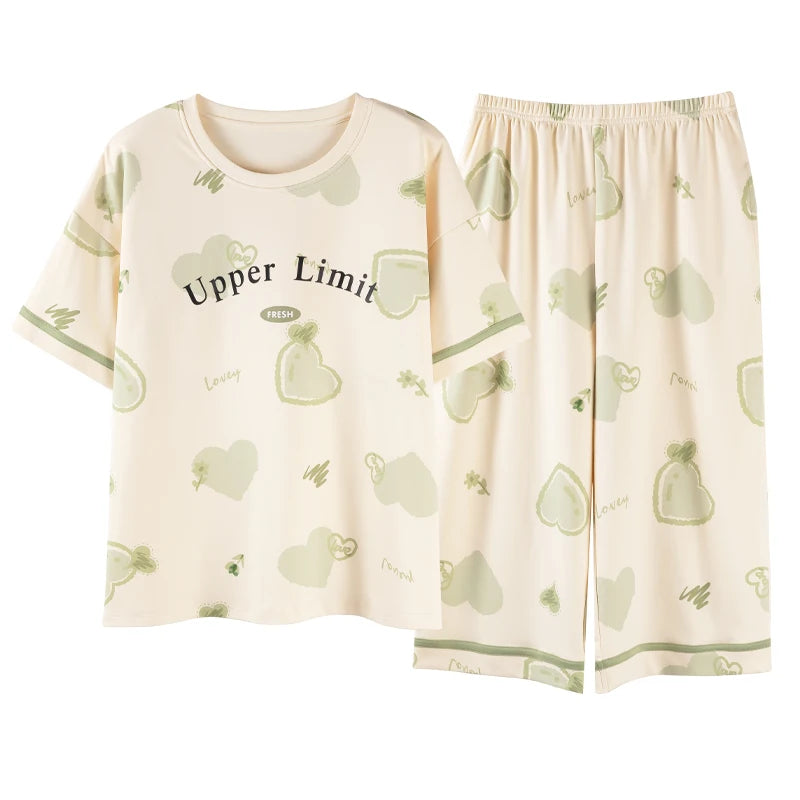 2-Pcs Women’s Summer Cotton Pajama Set – Breathable Short Sleeve Sleepwear with Cute Prints