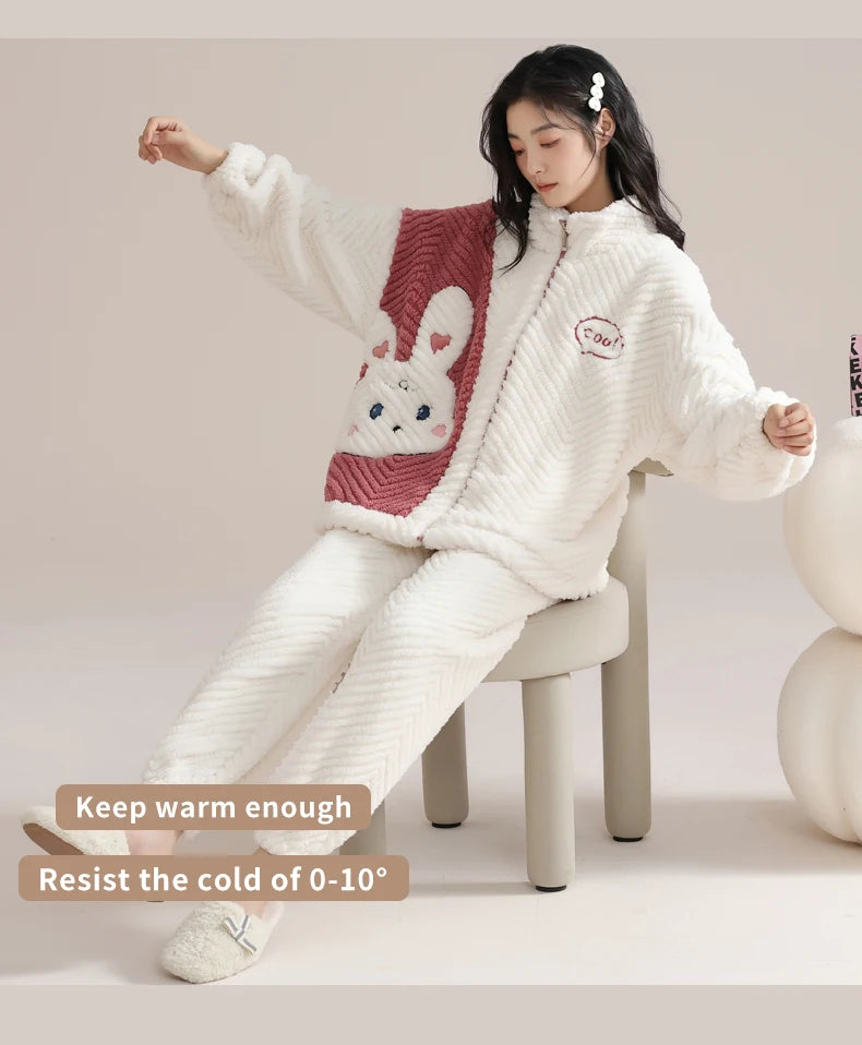 Women’s Winter Flannel Pajama Set – Warm Coral Fleece Loungewear with Cute Bunny Design