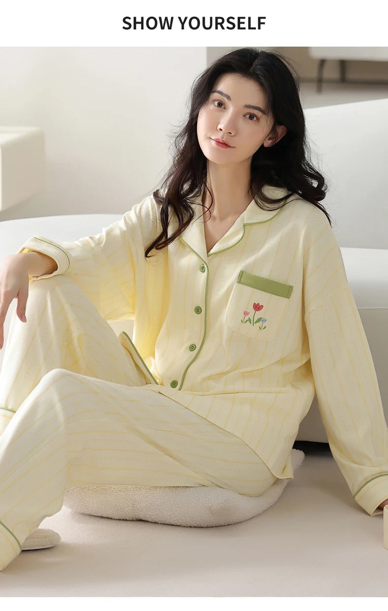 Women’s Winter 100% Cotton Pajama Set – Loose Fit, Turn-Down Collar, Long Sleeves, Cute Pink