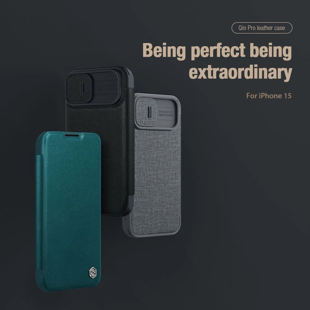 QIN Pro Plain Leather Cloth Case For iPhone 15 Flip Case Shockproof Camera Slider Protection Cover With Card Holder