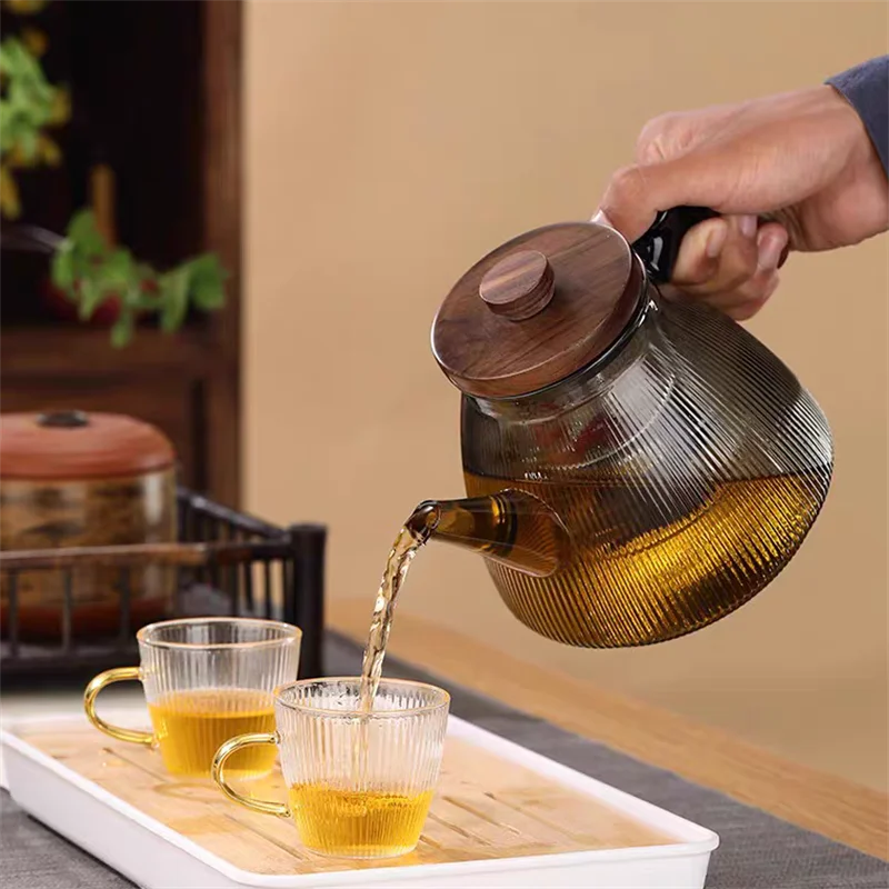 Stripe High Borosilicate Glass Teapot with Walnut Handle