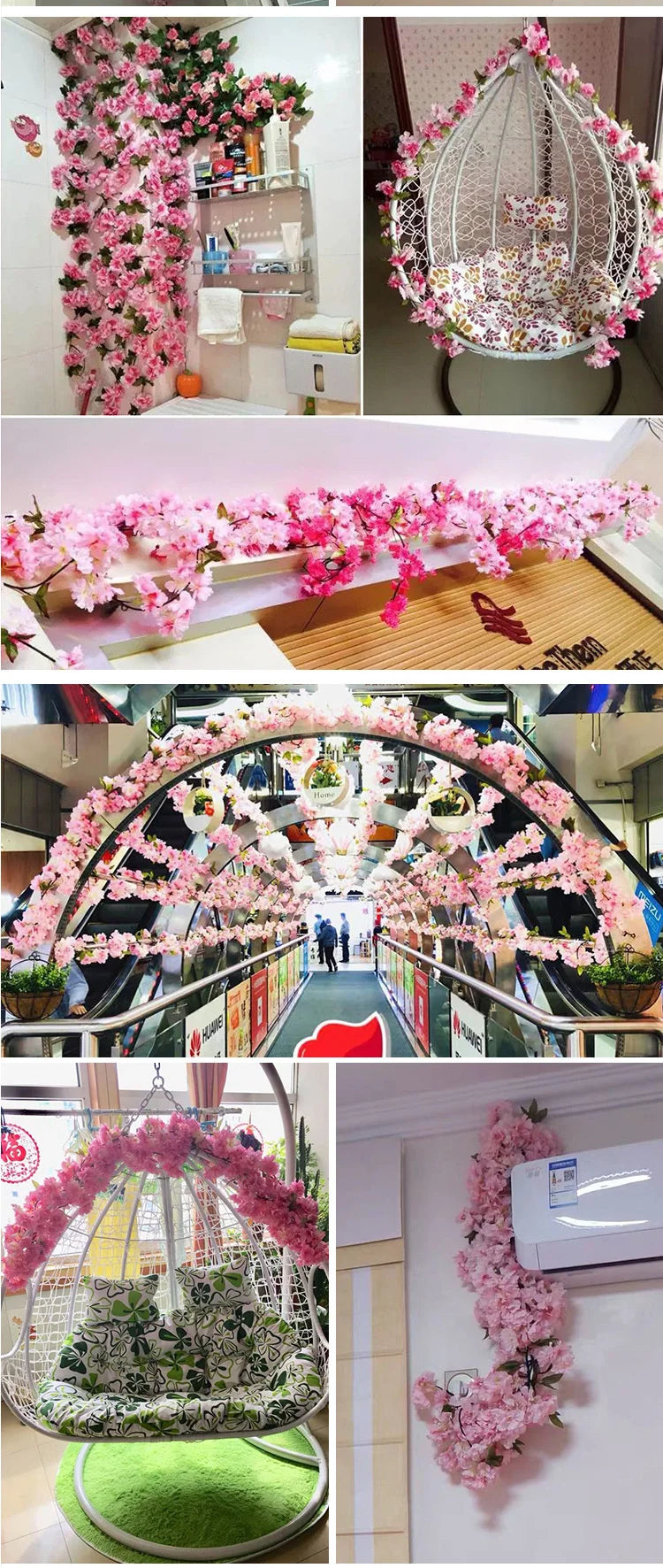 Artificial Hanging Flowers Garland Cherry Blossom Fake Plants Vines for Outdoor Home Wall DIY Wreaths Wedding Arch Garden Decor