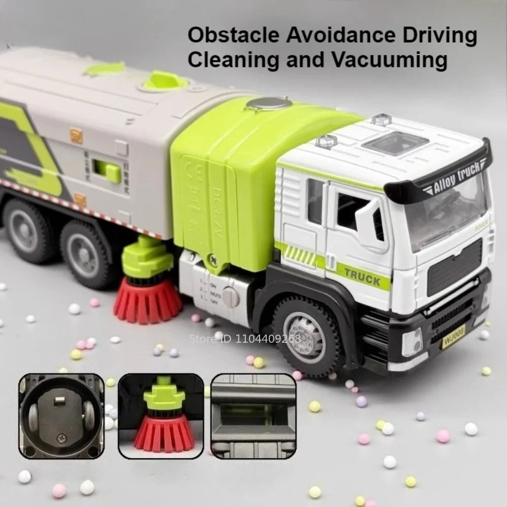 1:50 Electric Vacuum Cleaner Sweeper Garbage Truck Model Toy Alloy Diecast Light Sound Engineering Vehicle Gifts for