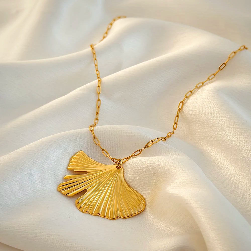 Ginkgo Leaf Earring Neckalce Set for Women Gold Plated Irregular Leaves Stainless Steel Earrings