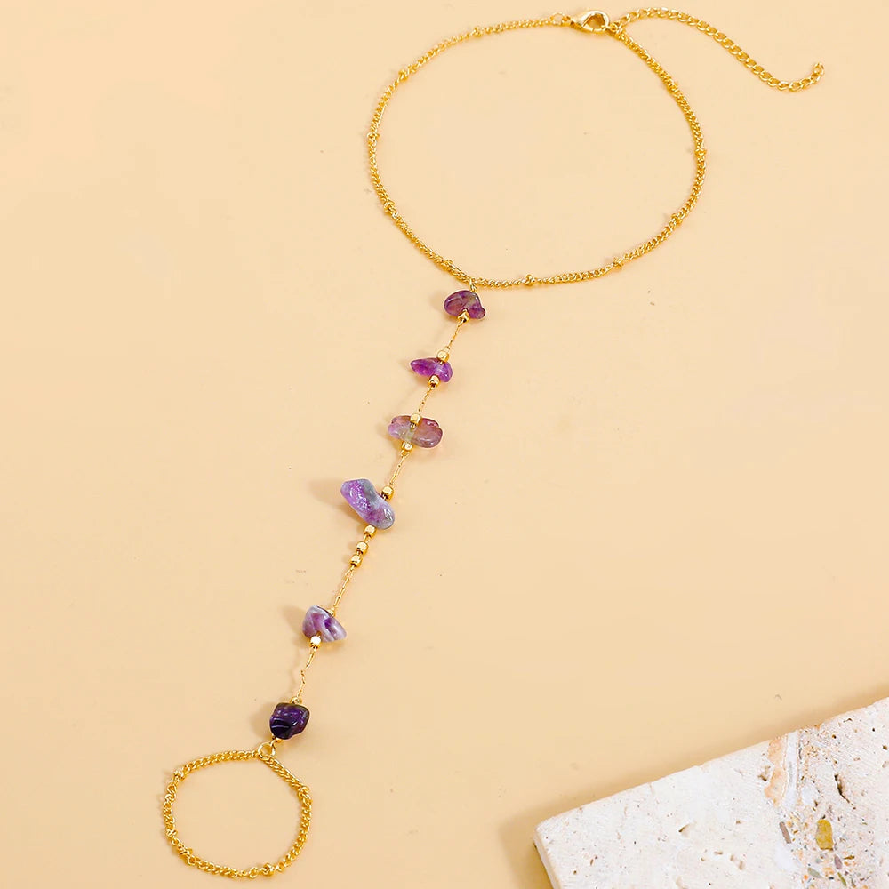 Irregular Purple Natural Stone Link Connected Ankle Bracelet Toe Rings for Women Handmade Chain Anklets