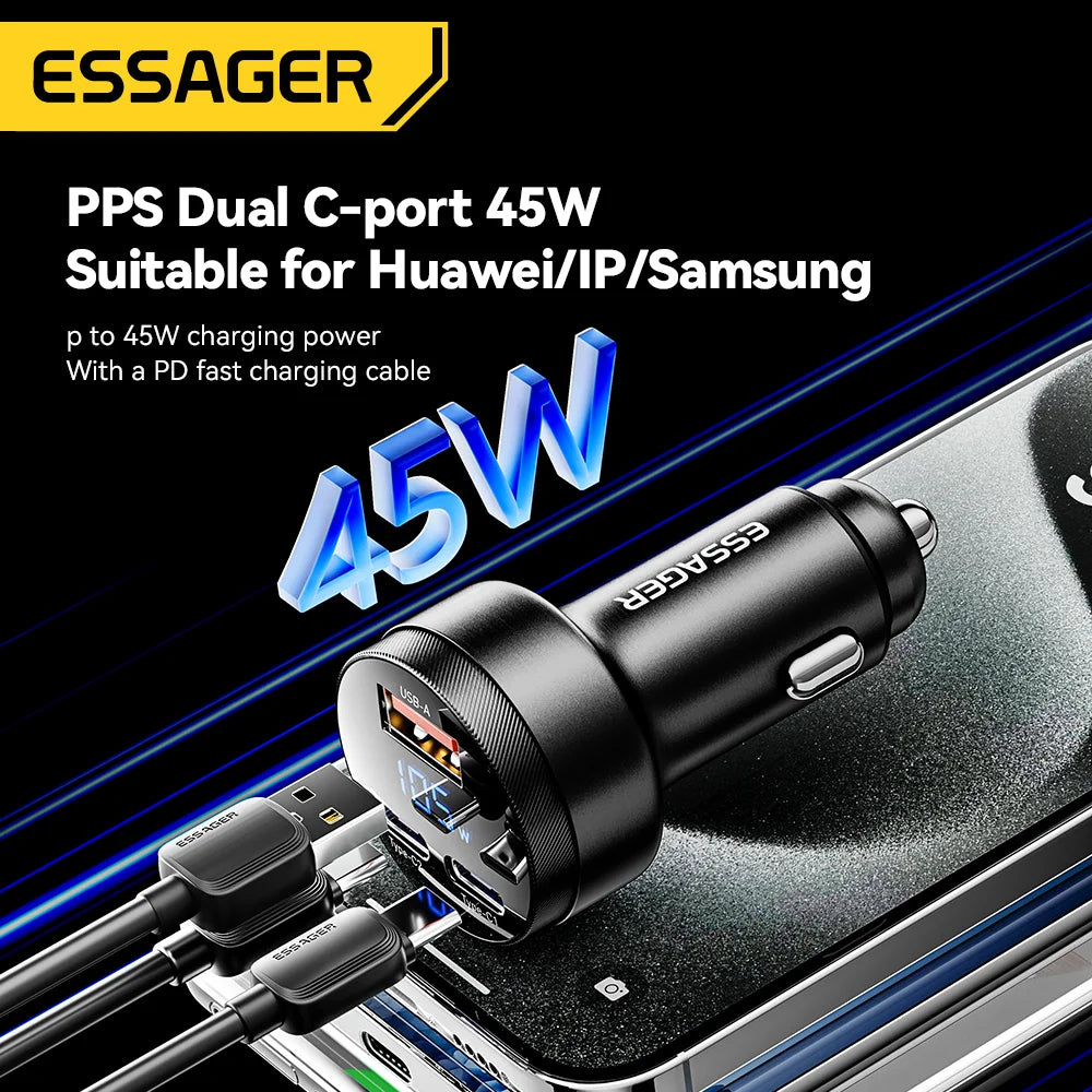 105W USB C Car Charger 3 Port PD 3.0 QC 4.0 Fast Charging GaN Adapter with Digital Display