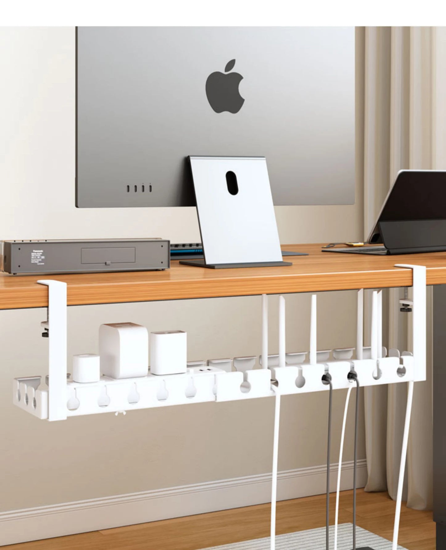Under Desk Cable Management Tray, Power Strip Cord Holder Wire Management, Extendable Sturdy Steel Under Desk Cord Hider Raceway