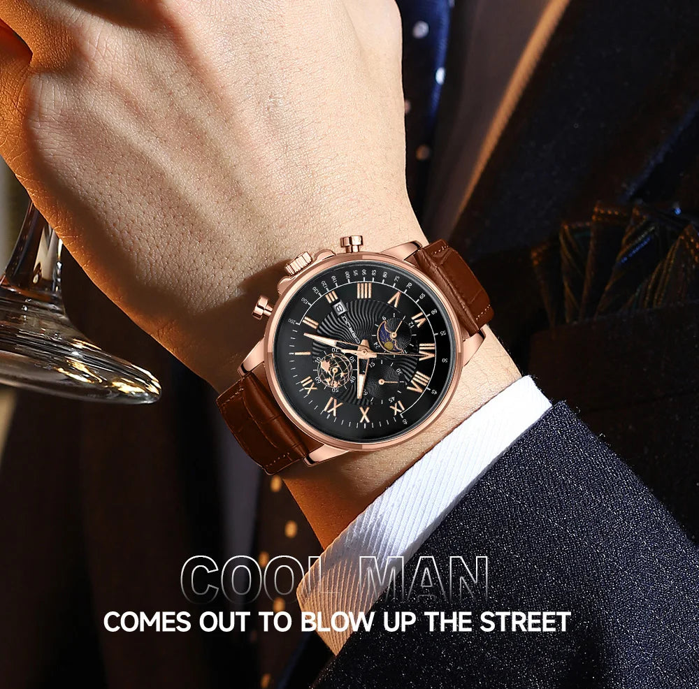 Watch Fashion Business Quartz Watch Sun, Moon and Star Multifunctional Luminous Waterproof Father's Day Gift