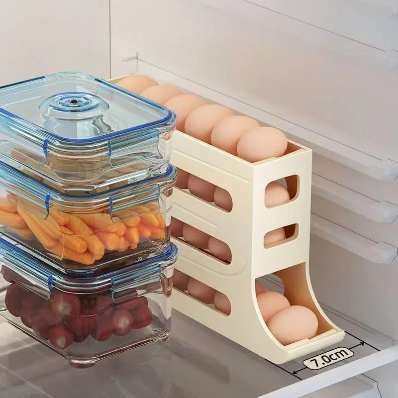 3/4-Layer Egg Storage Box – Automatic Rolling Slide Refrigerator Side Door Egg Rack Organizer
