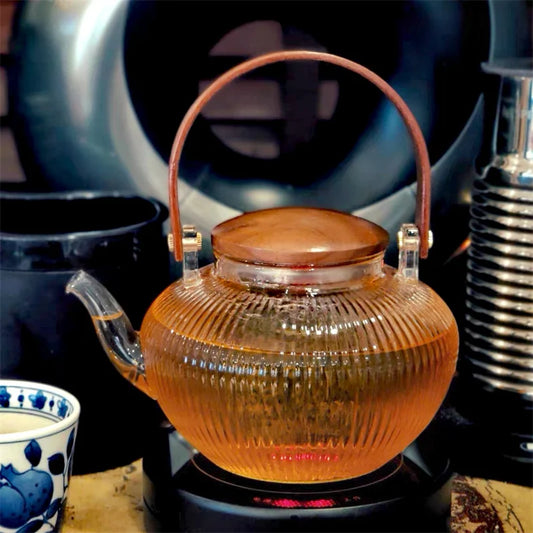 800ml Vertical Stripes Glass Teapot with Wooden Beam Handle and Tea Infuser