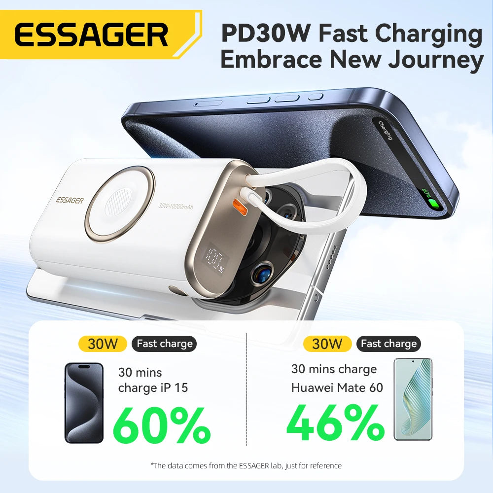 10000mAh Power Bank 30W PD Fast Charging Wireless Magnetic Charger with Built-in Cable & Digital Display