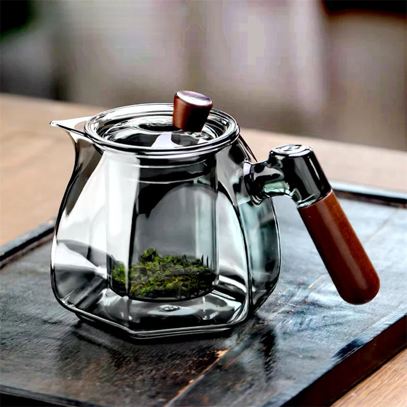 600ml Wooden Handle Hexagonal Glass Teapot with Tea Infsuer  Houshold Brewing Tea Pot Tea Ceremony Tea Maker Teaware