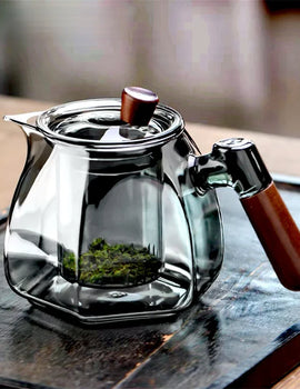 600ml Wooden Handle Hexagonal Glass Teapot with Tea Infsuer  Houshold Brewing Tea Pot Tea Ceremony Tea Maker Teaware