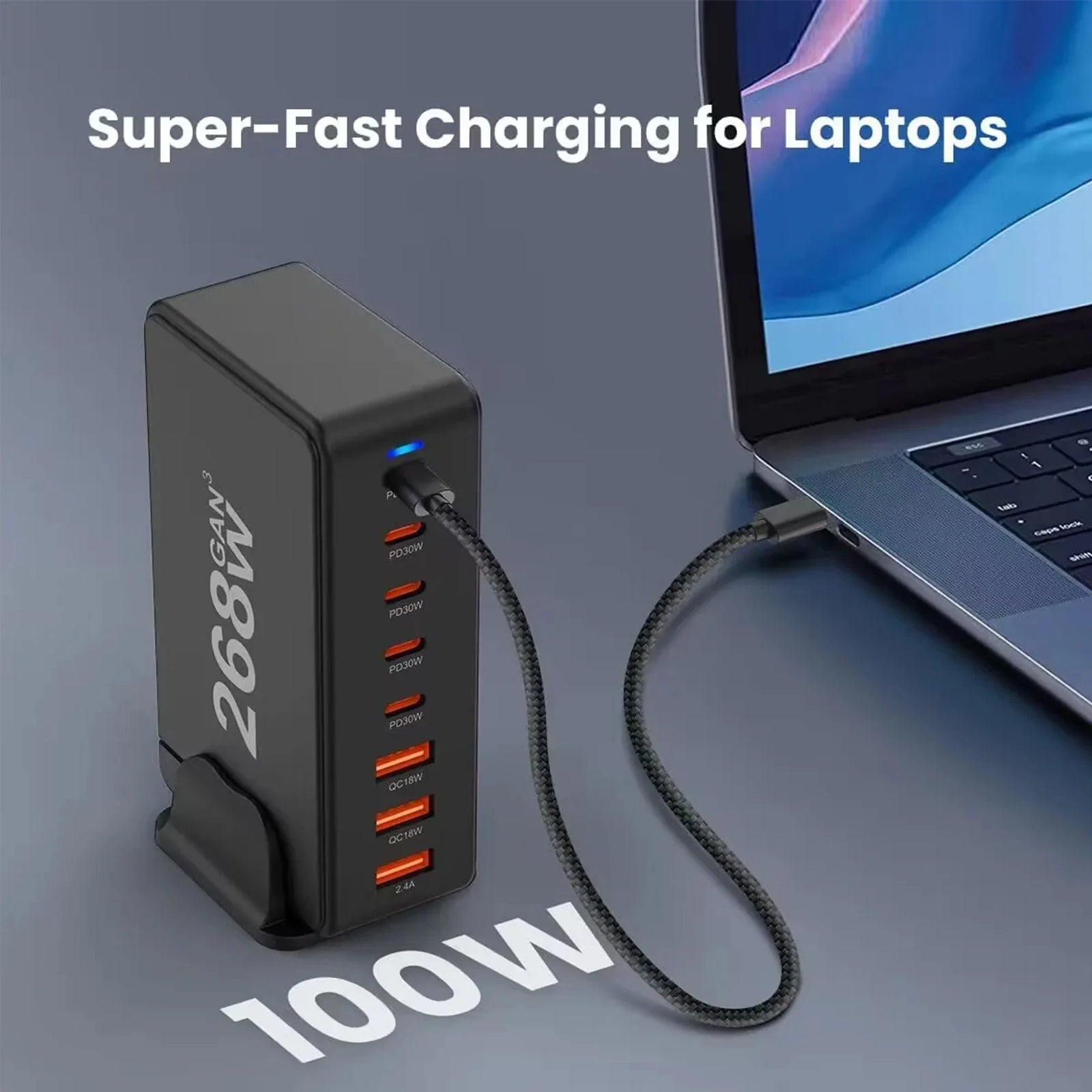 268W USB C Charger, Portable Travel 3rd GaN Charger, 8-Port Fast Charging Station, Multi Port USB Charger, PD100W Laptop Charger
