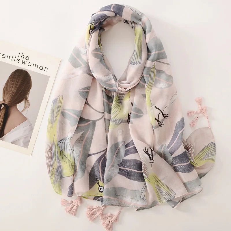 Beige Coffee Scarf Luxury Thin Women Scarves Spring Floral Hijab Veils Soft Cotton Shawl Wrap Tassel Viscose Muslim Woman Hijab