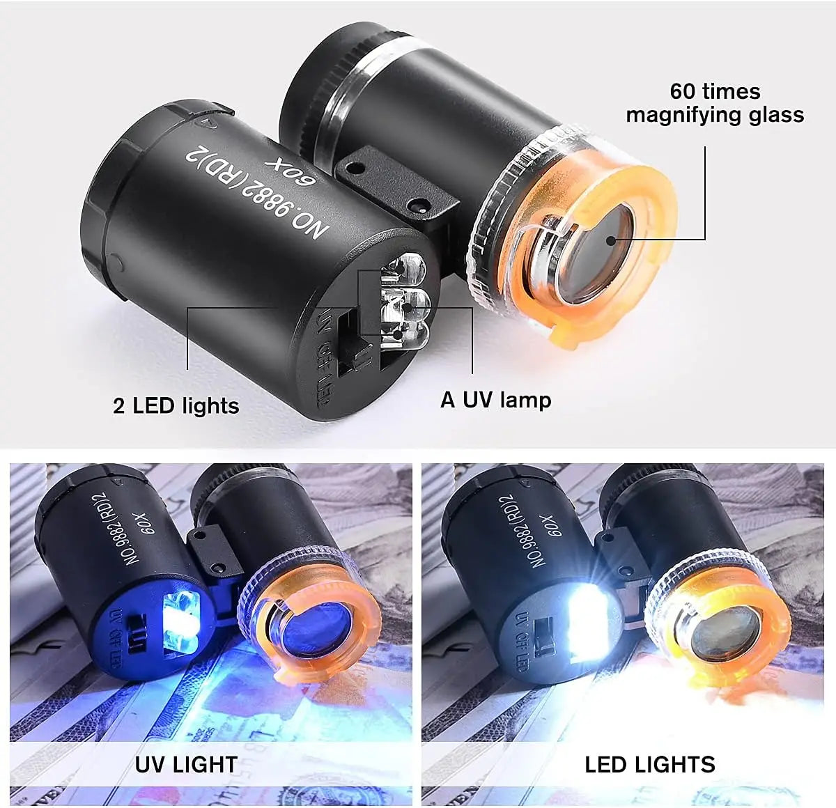 60X Mini Pocket Microscope LED UV Jewelry Loupe Magnifier