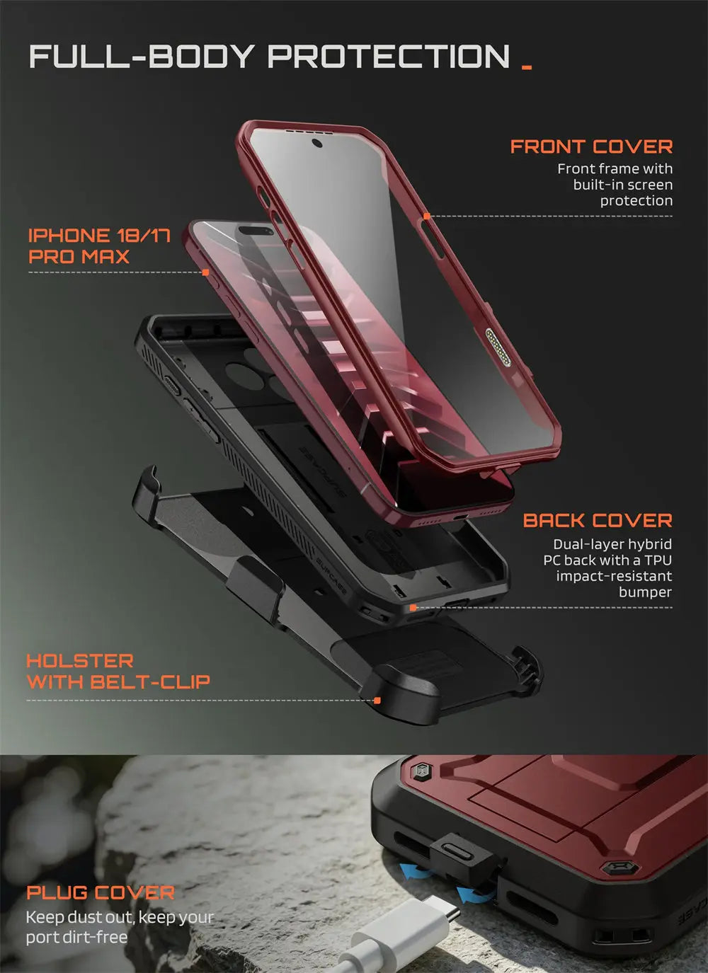 Full Body Rugged Phone Case with Built In Screen Protector and Belt Clip Holster for iPhone 17 Pro Max and iPhone 18 Pro Max