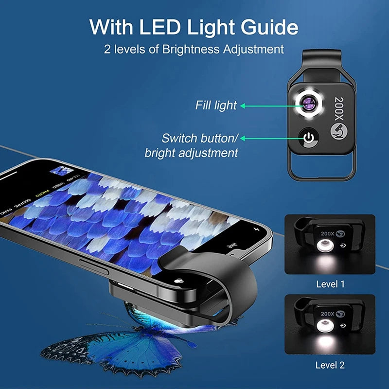 200X Smartphone Microscope Lens with LED Light Universal Clip