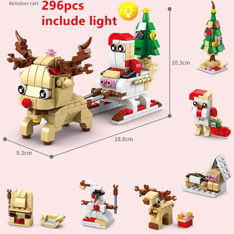 DIY 8in1 Lights Christmas Elk Deer Santa Claus Train Architecture Store Street View Xmas Tree Snow House Building Block Kit Toy