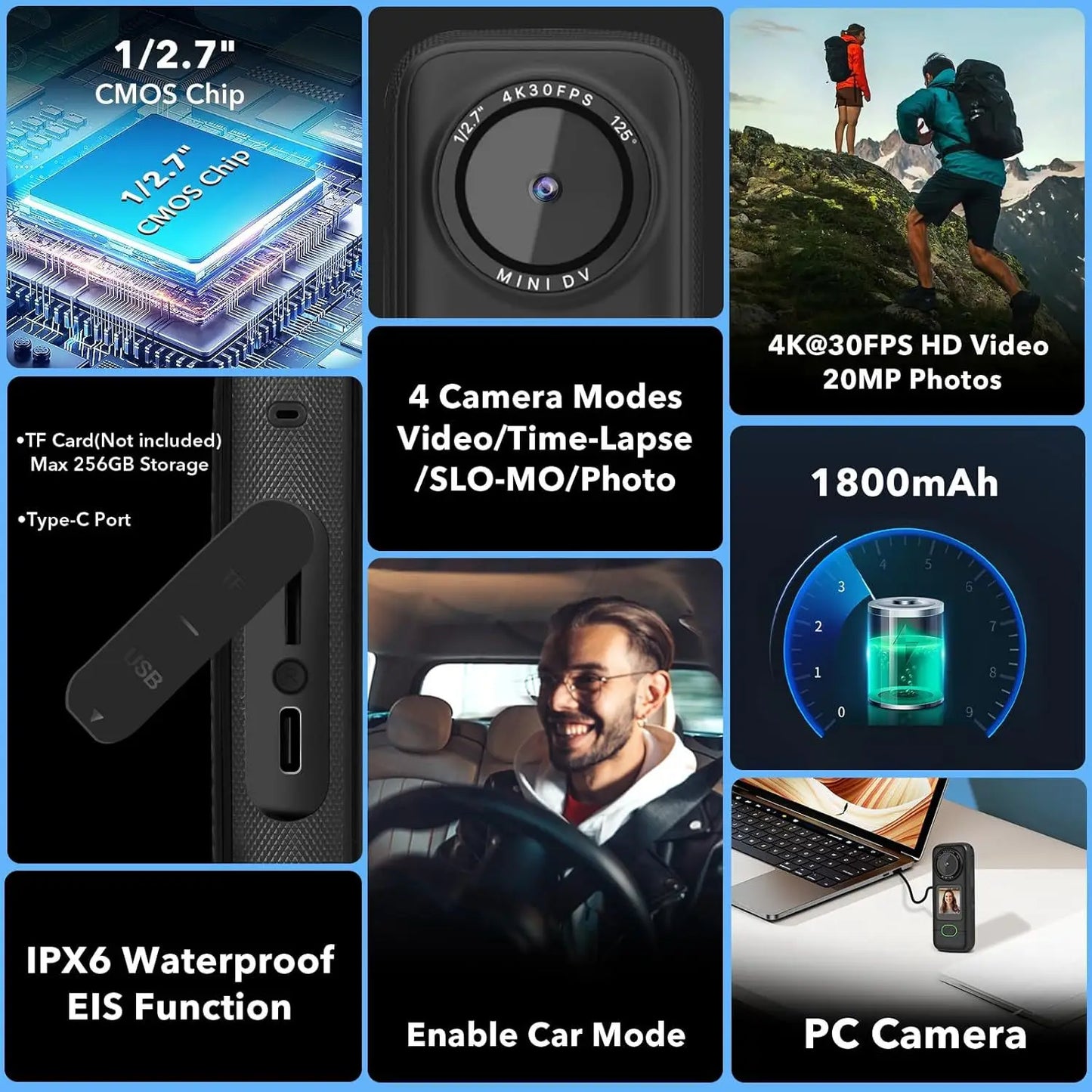 4K WiFi Action Camera Waterproof Mini Sports Camera with Touch Screen for Motorcycle Travel Body Cam