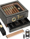 Cigar Humidor, Glass Top Desktop Box with Digital Thermo-Hygrometer, Humidifier, Divider, Accessories Drawer & Combination Lock