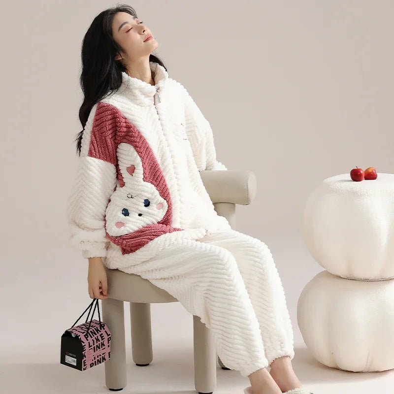 Women’s Winter Flannel Pajama Set – Warm Coral Fleece Loungewear with Cute Bunny Design