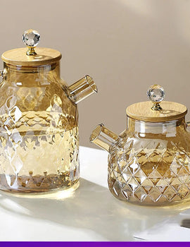 1/1.5/1.8L Amber Teapot Kettle With Bamboo Cover High Borosilicate Glass Cold Water Kettle Bottles Diamond Scented Tea Teaware