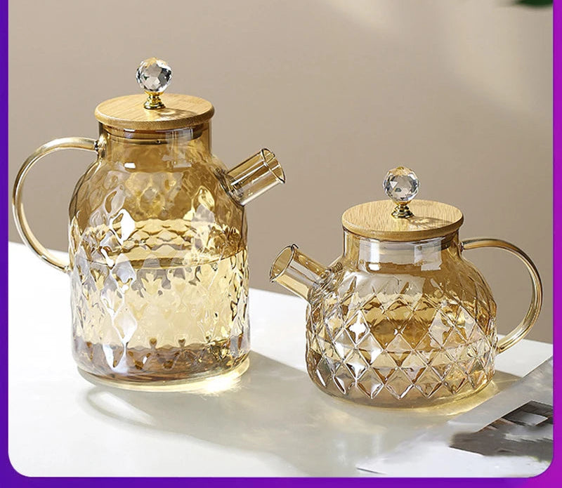 1/1.5/1.8L Amber Teapot Kettle With Bamboo Cover High Borosilicate Glass Cold Water Kettle Bottles Diamond Scented Tea Teaware