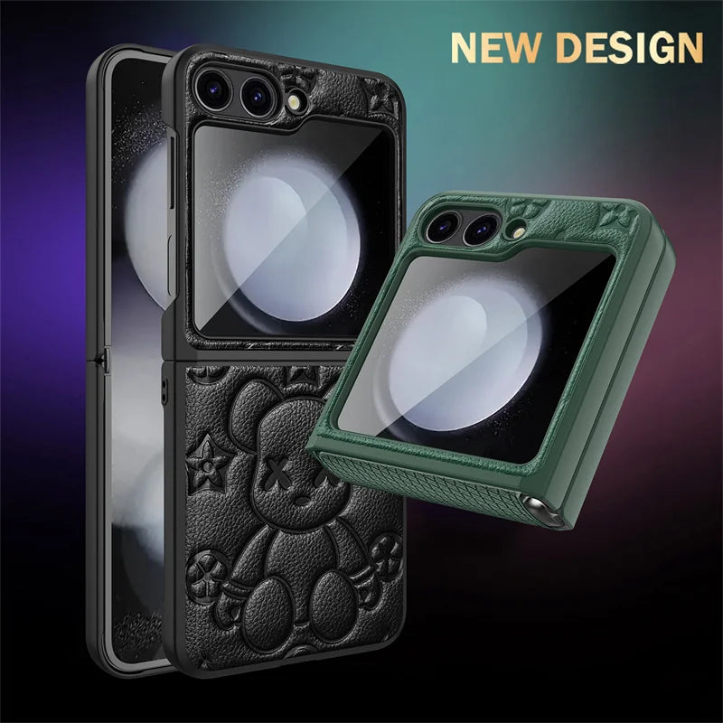 Cute Bear Folding Screen Phone Case For Samsung Z Flip 6 Folding Hinge Center Axis Case Film Integrated Phone Case