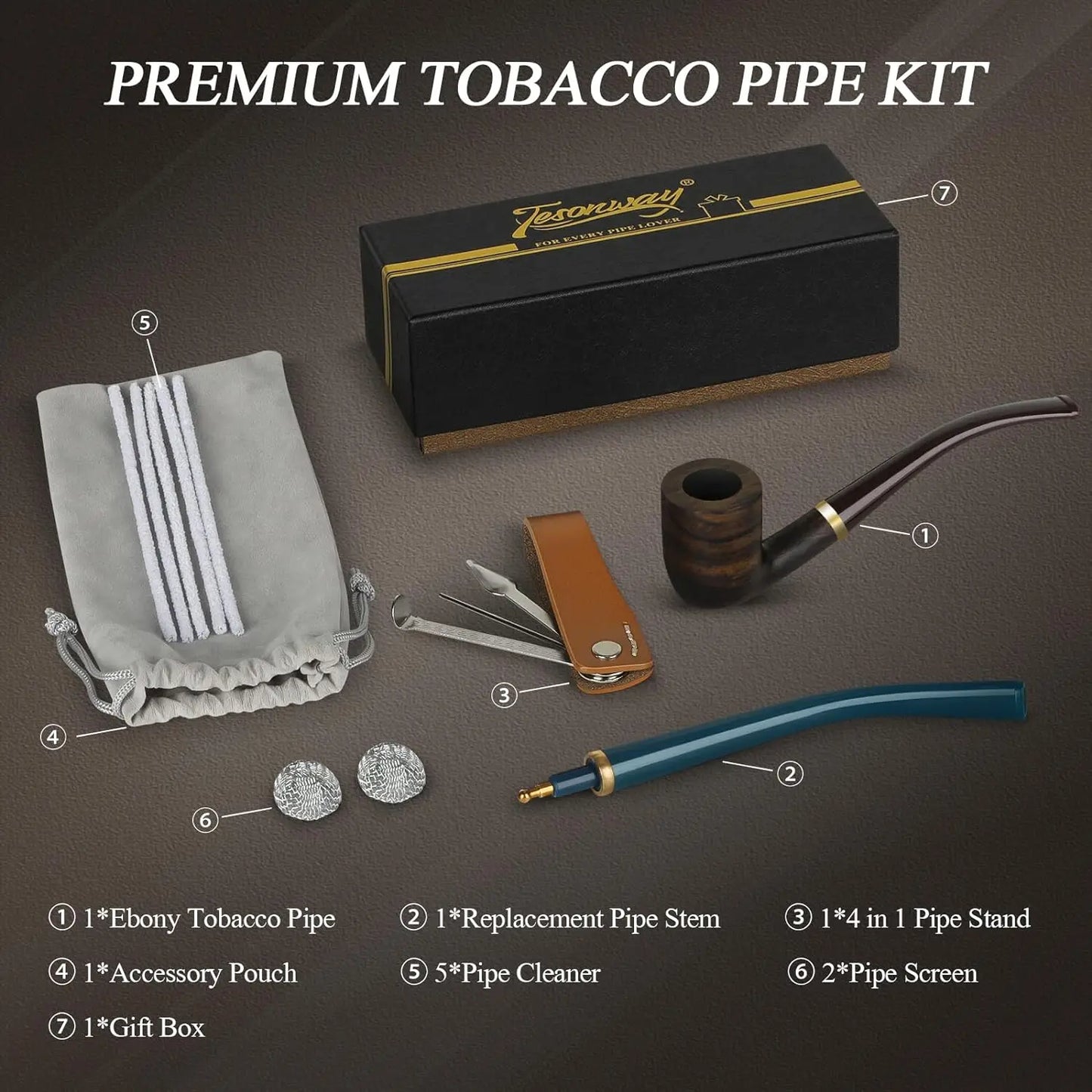 Handmade Pipe, Ebony Wood Pipe Kit with Replaceable Long Pipe Stem,4-in-1 Pipe Stand Holder, Pipe Gift Box