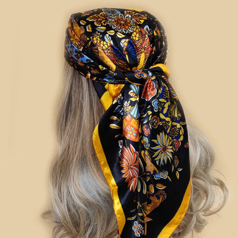 Kerchief Silk Satin Neck Scarf Women Print Hijab Female Square Shawls Wraps office Lady muffler bandanna