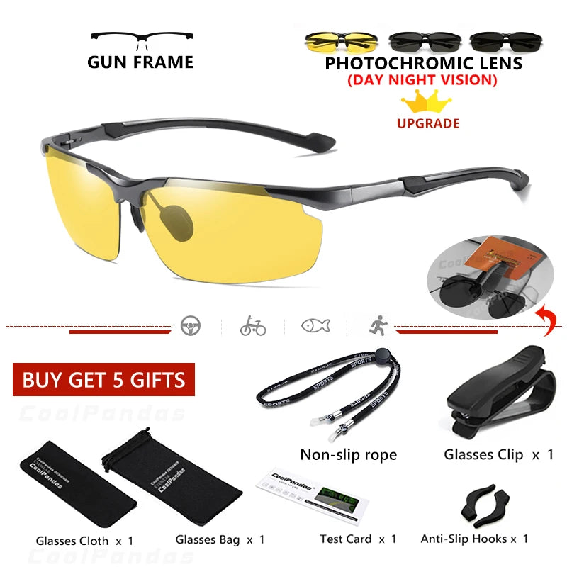 Aluminum Rimless Photochromic Polarized UV400 Day Night Driving Sunglasses for Men Women