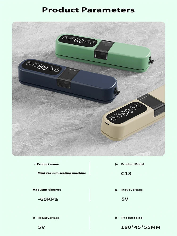 Portable USB Rechargeable Vacuum Sealer – Automatic Food & Snack Sealing Machine with 10 Vacuum Bags, 60KPa Strong Suction