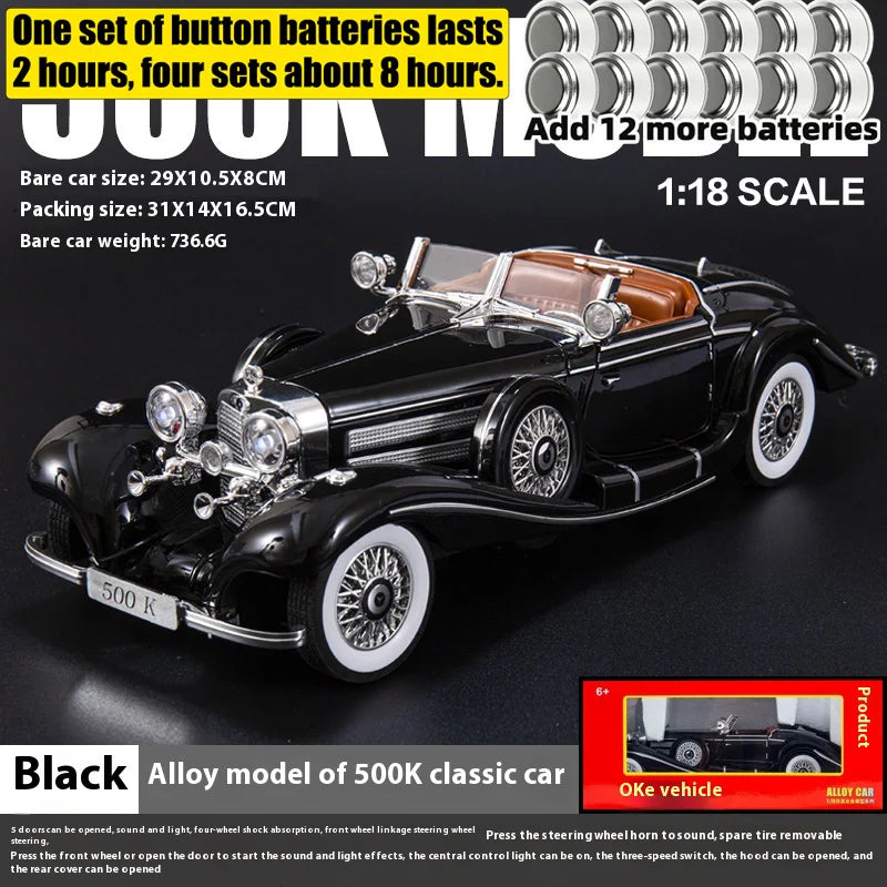Diecast 1/18 1936 500K Classic Car Alloy Metal Model Sound And Light Toy Collect Display Ornament