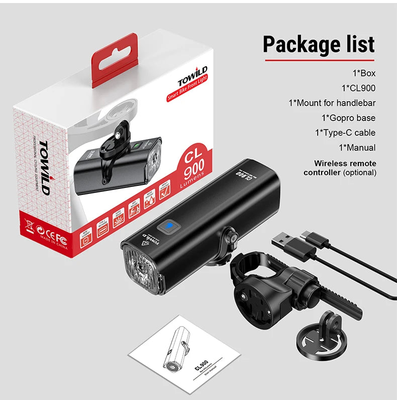 CL900 Bike Front Light 900 Lumens TYPE-C Rechargeable Bicycle Light IPX6 Cycling Headlight LED Flashlight MTB Bike Lamp