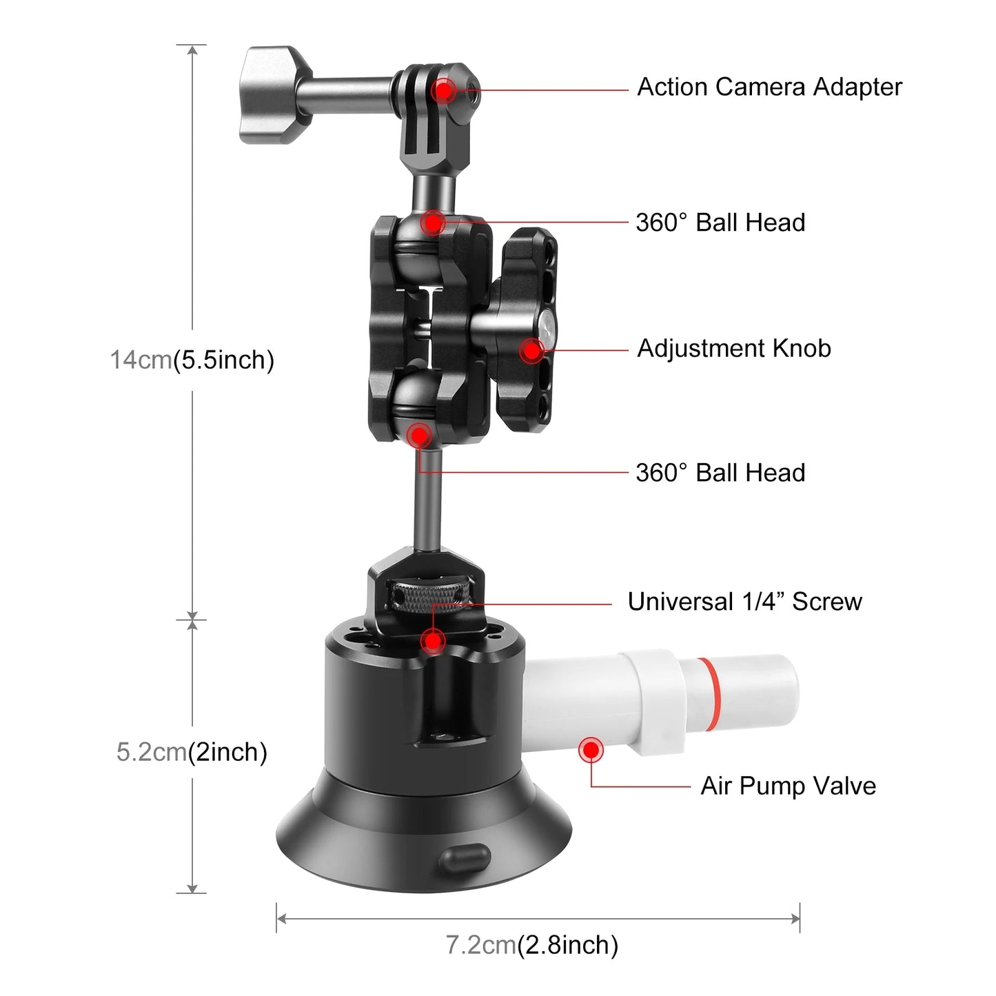 Magic Arm with Pump Suction Cup Aluminum Alloy Mount for Gopro DJI with Three Bayonet Sports Camera Accessories