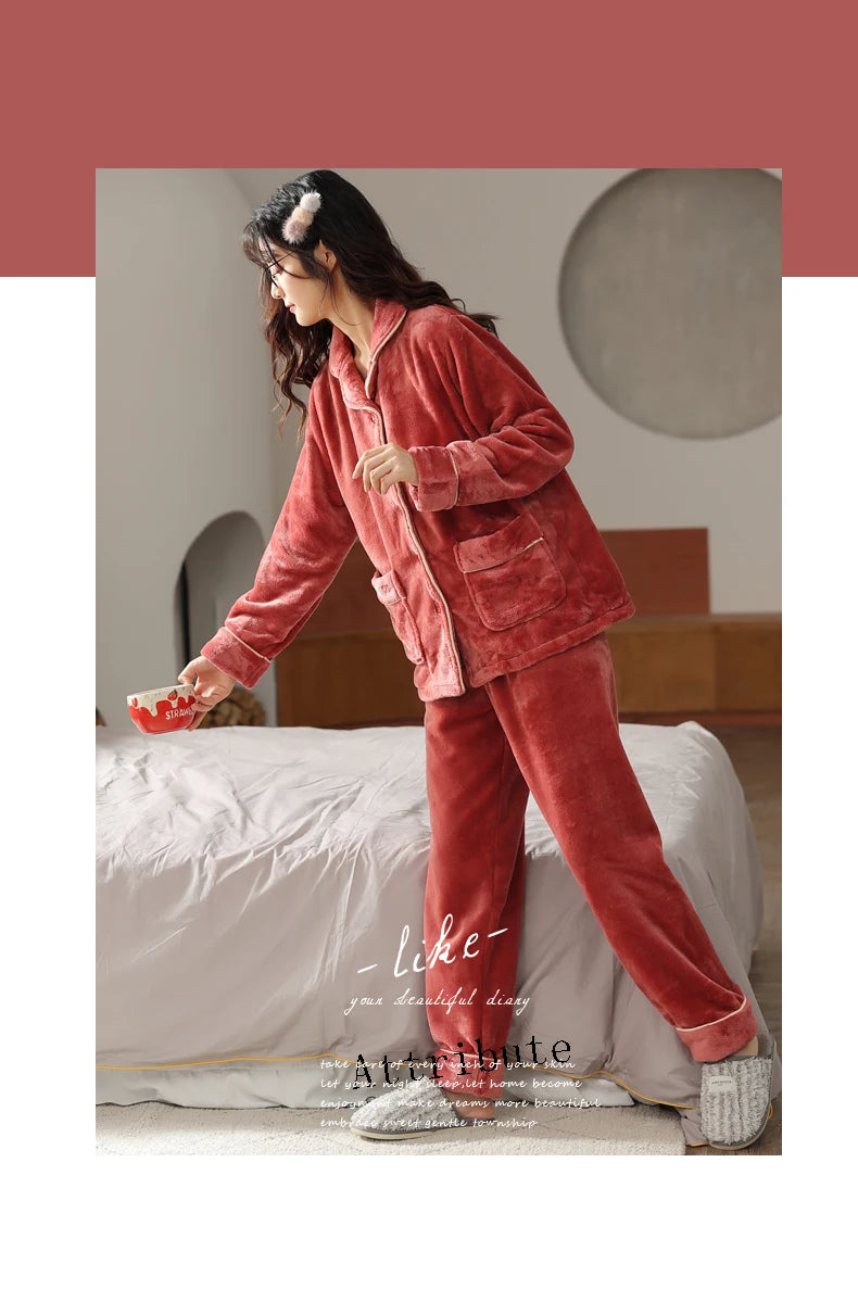 Women’s Winter Flannel Pajama Set – Warm, Thick Coral Fleece 2-Piece Loungewear