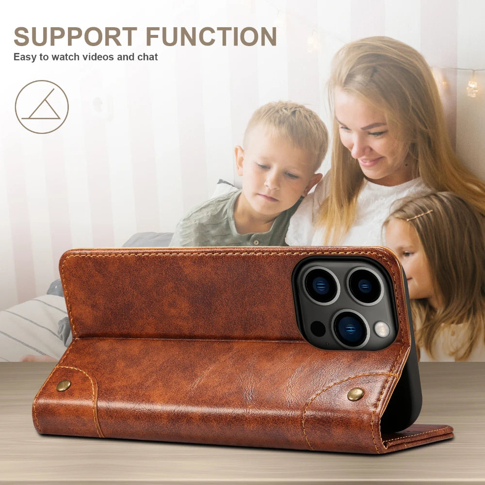 Flip Leather Wallet Phone Case for iPhone 16 15 Pro Max 16E 14 Plus with  Card Slot Holder Cover