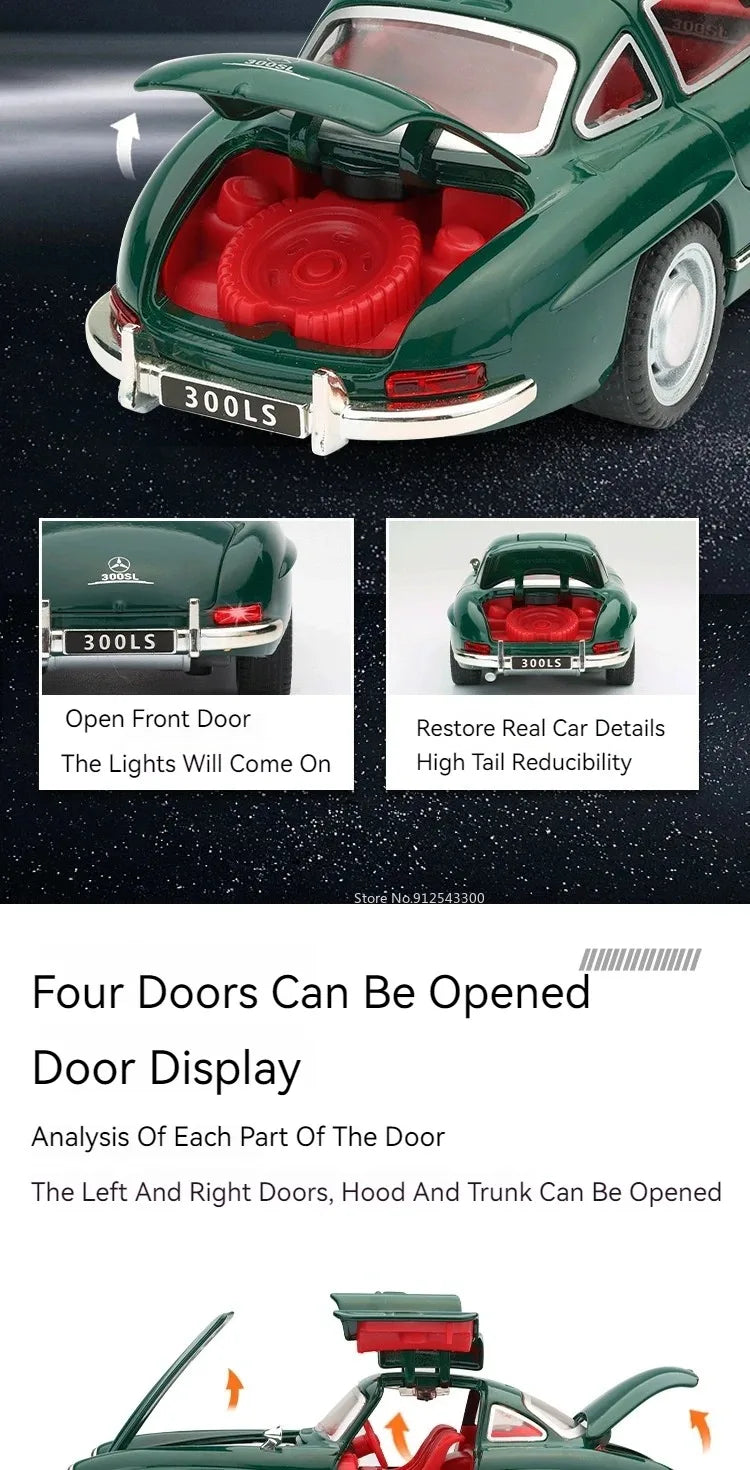 1:32 500K 300SL Vintage Car Model Toy Shock Absorption Alloy Diecast Vehicle Models Sound Light Pull Back Collection Gifts