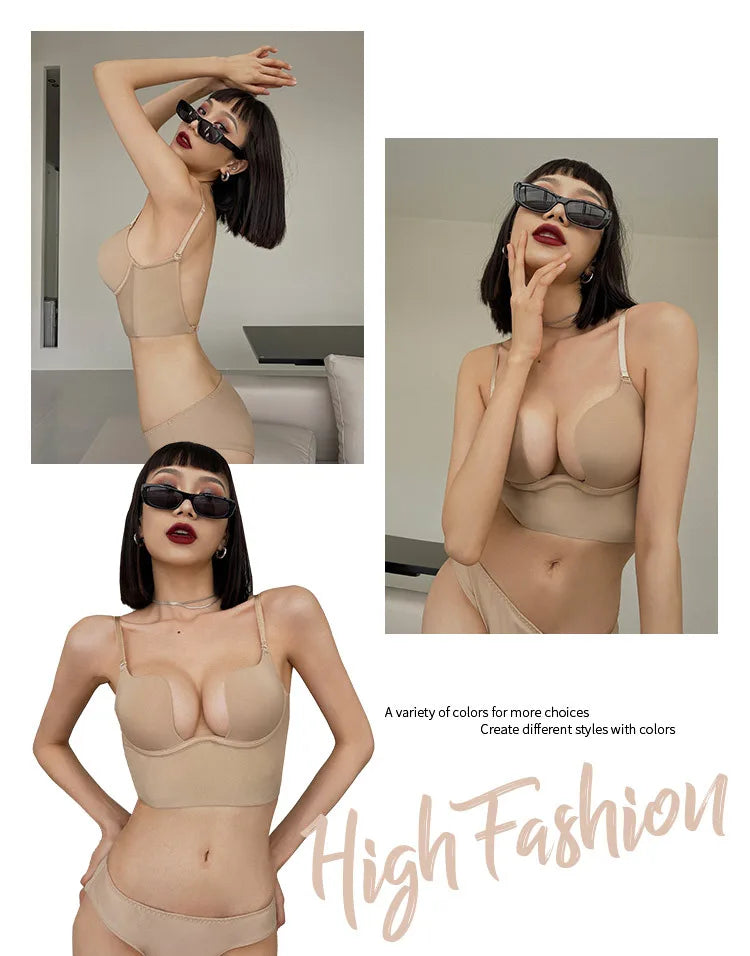 Womens Deep U Neck Seamless Underwire Push Up Bra