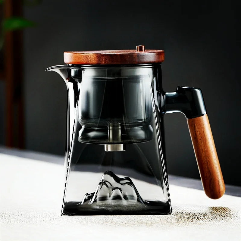 One Click Tea Separation Filtration Bottom Mountain View Glass Teapot With Wood Handle 700ml Kungfu Tea Water Separation Tea Pot