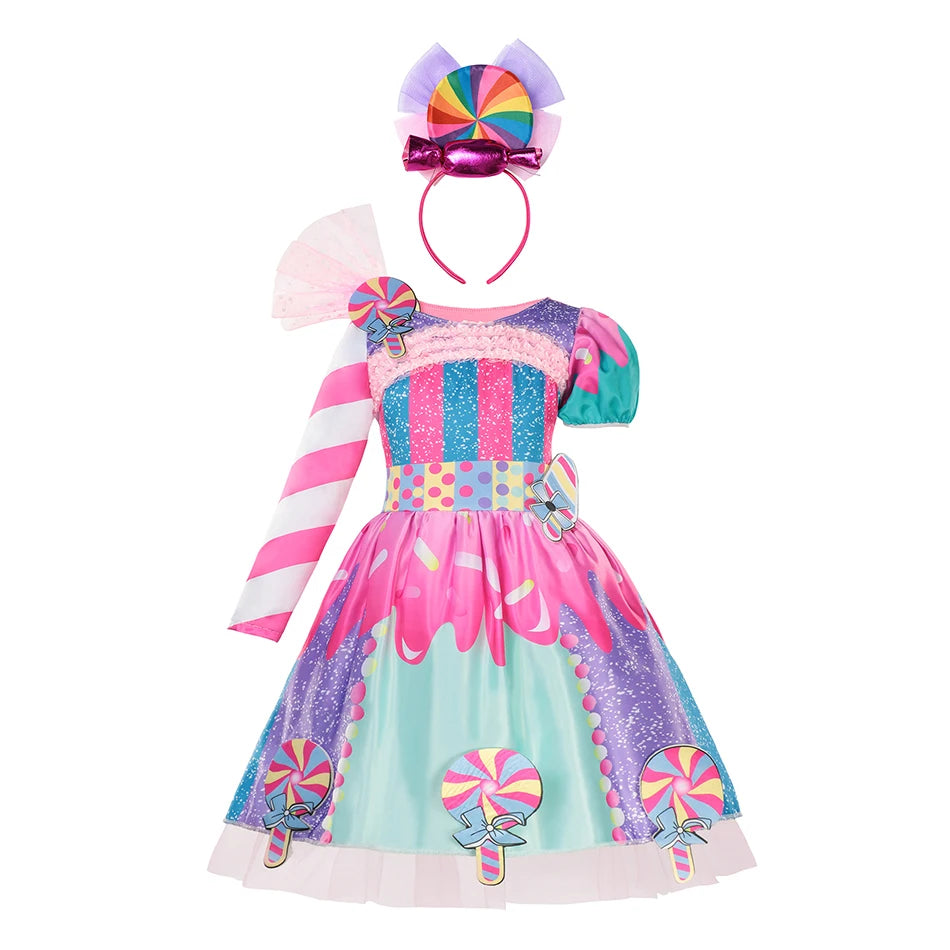 Girls Purim Festival Lollipop Costume Children Puff Sleeve Candy Costume Kids Sweet Lollipop Print Birthday Party Dresses