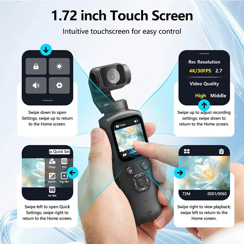 4K Pocket Action Camera 330° Auto-Rotate Lens Face Tracking Touchscreen Vlog Camera with WiFi