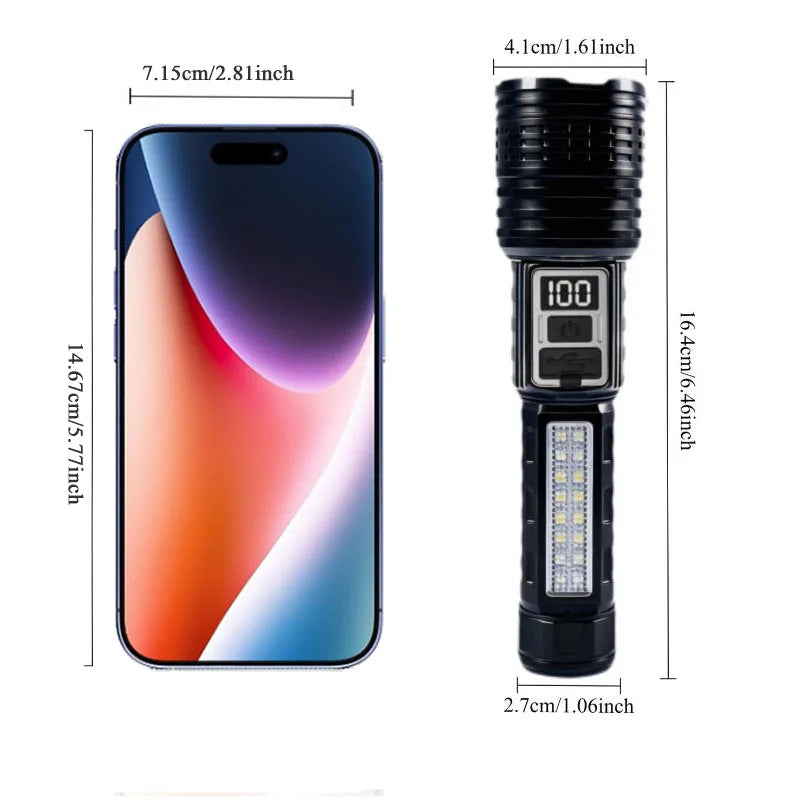 Powerful Rechargeable LED Flashlight With COB Side Light And Zoom