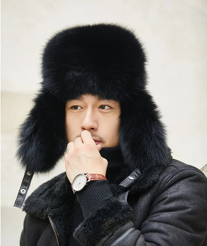 Fox Fur Cap Man Winter Genuine 100% Fur Bomber Hat Windproof Warm Earmuffs Male Flat Grey/Black Russian Hat Fitted Casquette