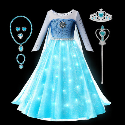 Frozen Elsa Snow Queen Princess Girls LED Light Up Dress Halloween Carnival Clothing Party Kids Cosplay Costume