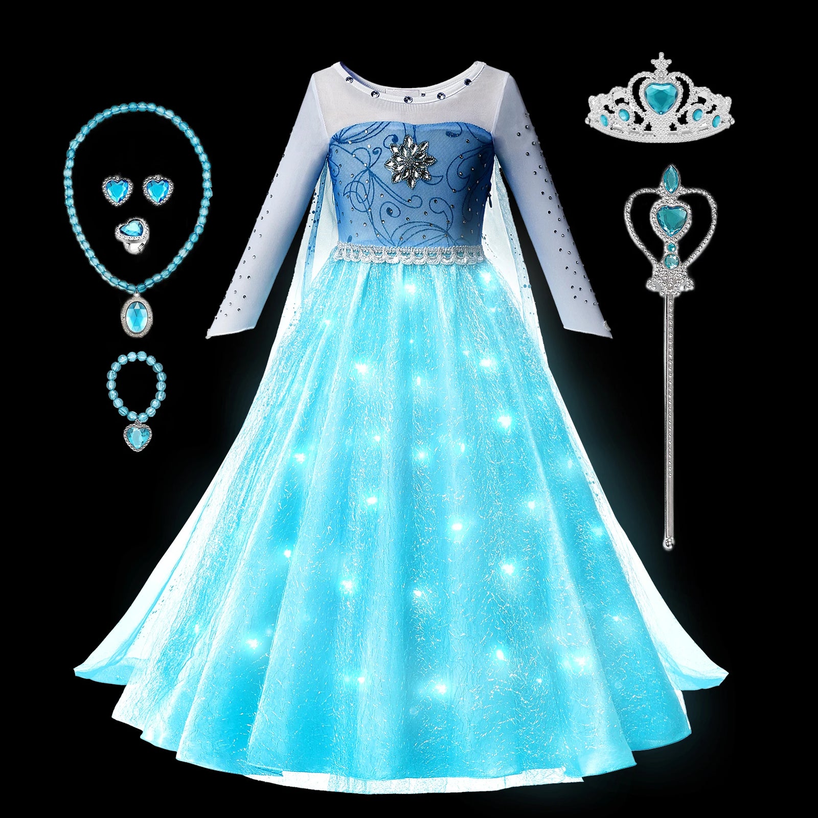Frozen Elsa Snow Queen Princess Girls LED Light Up Dress Halloween Carnival Clothing Party  Cosplay Costume